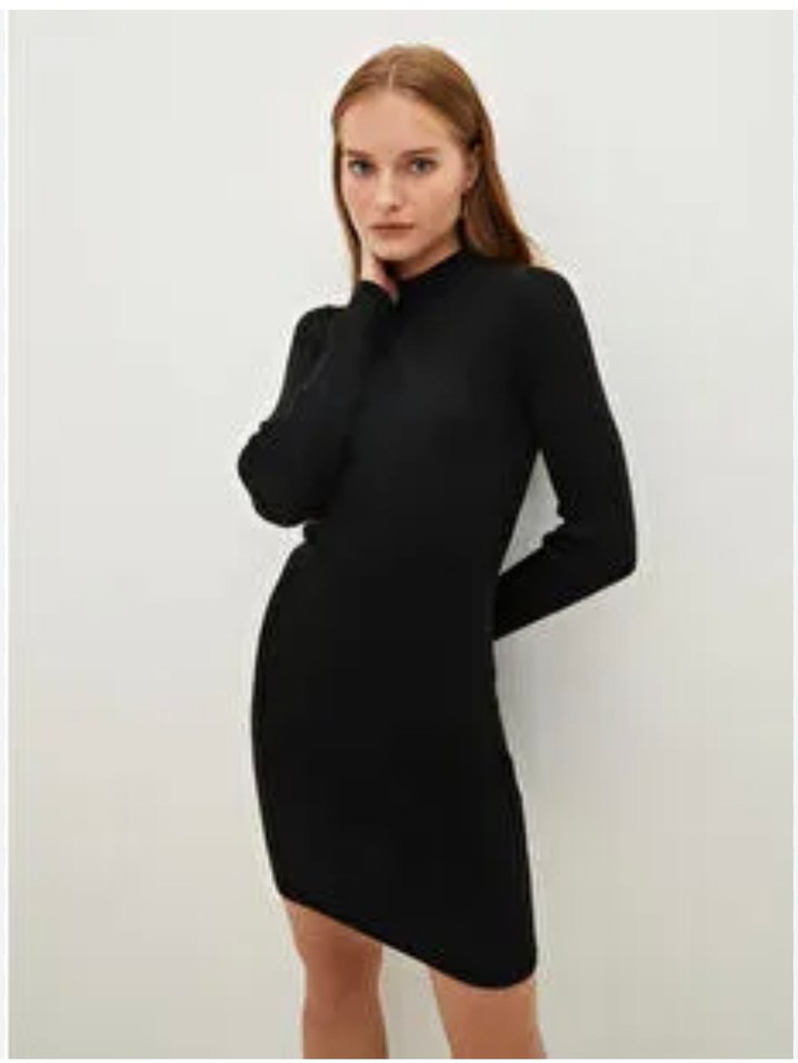 Uzun Kollu Siyah Dar Triko Elbise - Görsel 2
