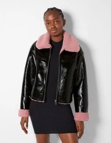 m Beden Bershka pembe deri mont