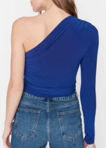 xs Beden Tek Omuzlu Kemerli Mavi Mini Bluz