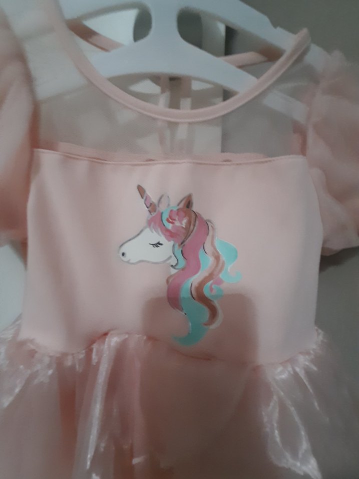 Pembe Kız Çocuk Unicorn Baskılı Elbise - Görsel 2