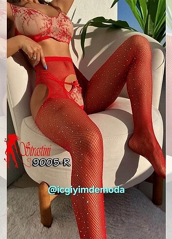 Diğer Kırmızı Taşlı File Çorap - 9005-R 