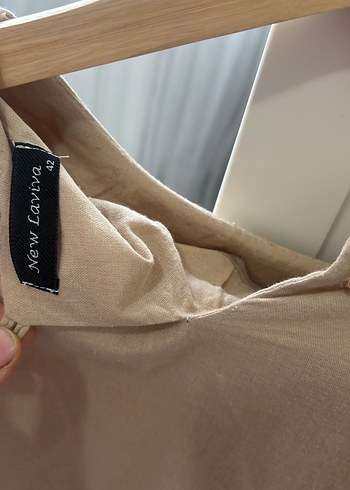 Bej Kadın Keten Bluz, Fırfırlı, Uzun Kollu - Görsel 3