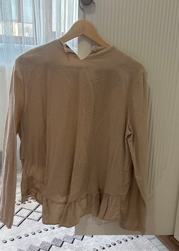Bej Kadın Keten Bluz, Fırfırlı, Uzun Kollu - Görsel 2