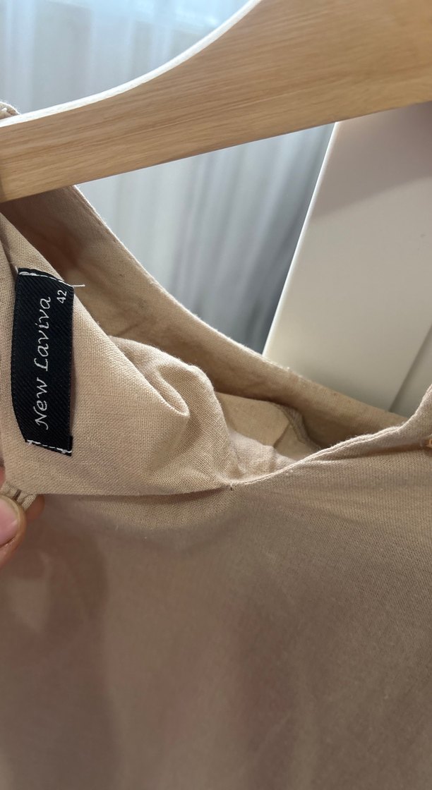 Bej Kadın Keten Bluz, Fırfırlı, Uzun Kollu - Görsel 3