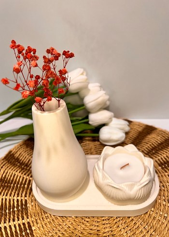 Lotus Çiçeği Desenli Soya Mum & Mini vazo & Dekoratif Tabak - Görsel 3