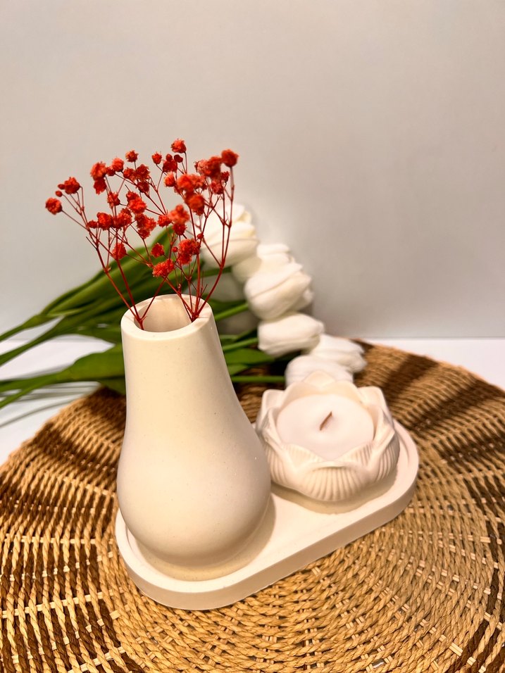 Lotus Çiçeği Desenli Soya Mum & Mini vazo & Dekoratif Tabak - Görsel 2