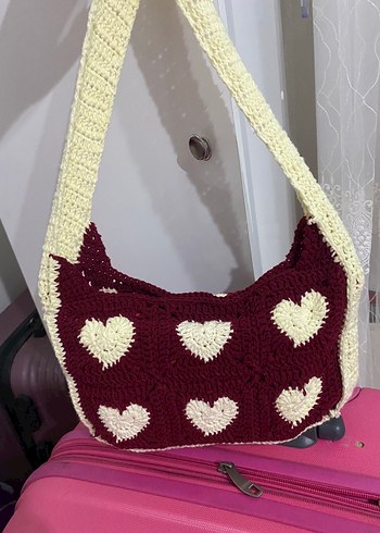 Bordo kalp Detaylı Örgü pinterest Kadın Çanta