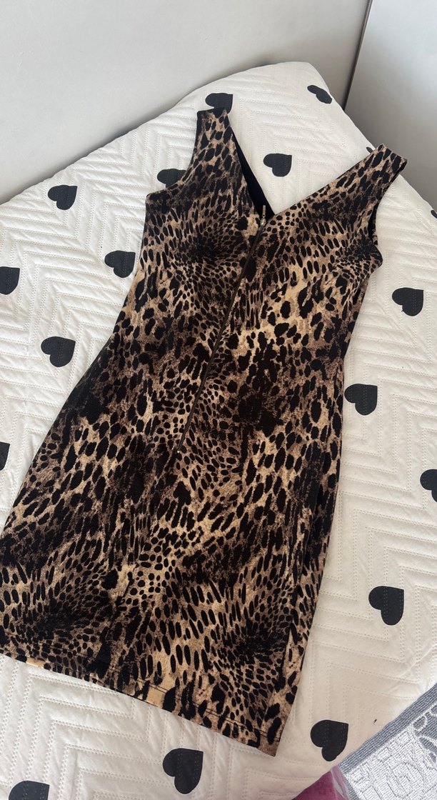 Kahverengi V Yaka Yılan Desenli Midi Elbise - Görsel 5