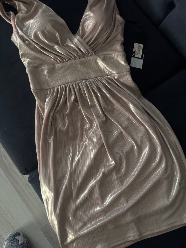 Bej Parlak Pilili Uzun Abiye Elbise - Görsel 4