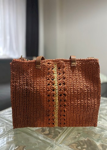 Kağıt İpten Kiremit Rengi Örgü Kadın Çanta - Görsel 3