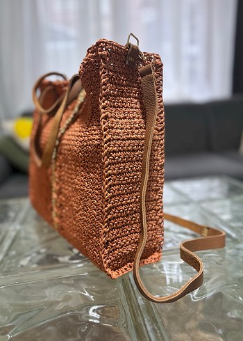 Kağıt İpten Kiremit Rengi Örgü Kadın Çanta - Görsel 2