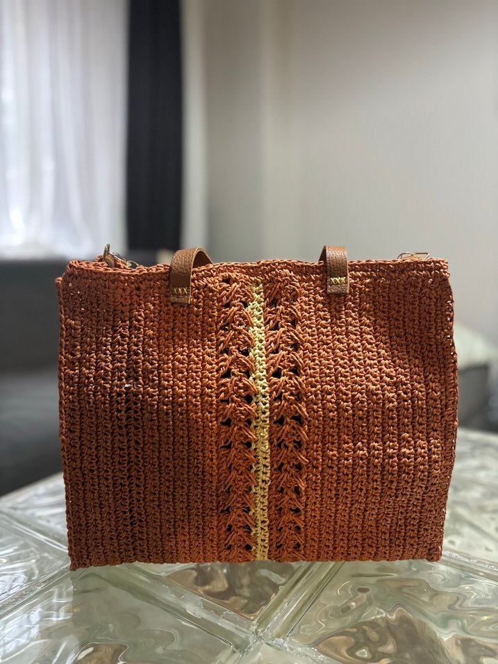 Kağıt İpten Kiremit Rengi Örgü Kadın Çanta - Görsel 3
