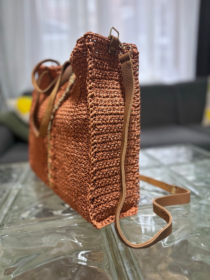 Kağıt İpten Kiremit Rengi Örgü Kadın Çanta - Görsel 2