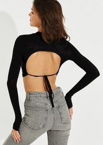 s Beden Siyah Kadın Boğazlı Crop Top