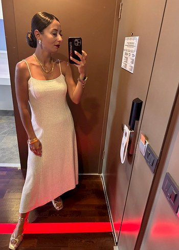Zara Gri simli İnce Askılı Midi Elbise