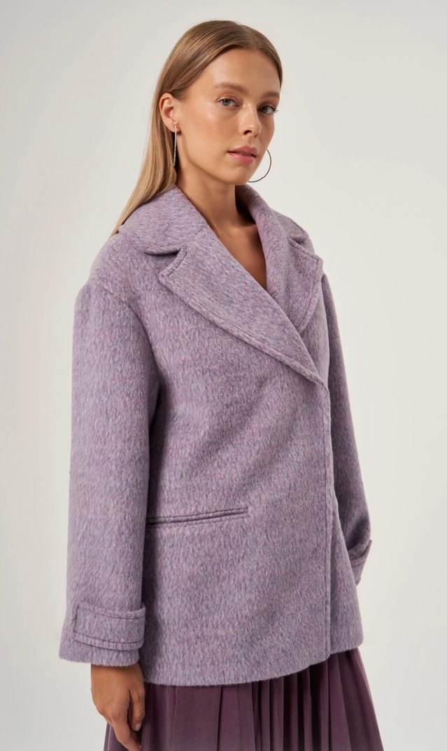 Tasarım Çift Düğmeli Lila Kısa Kaban - Görsel 2