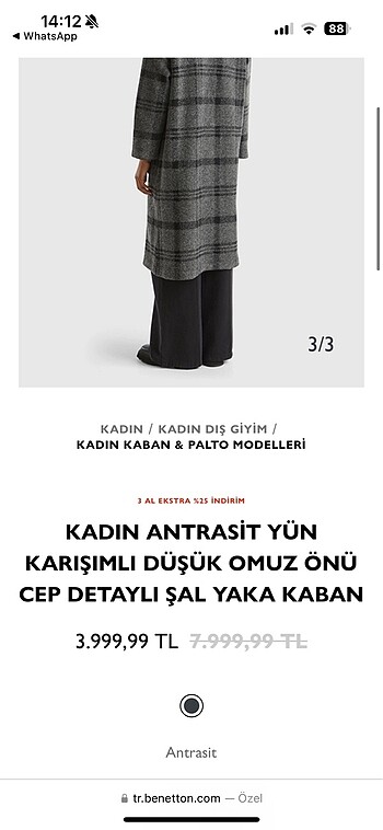 m Beden KADIN ANTRASİT YÜN KARIŞIMLI KABAN Benetton marka