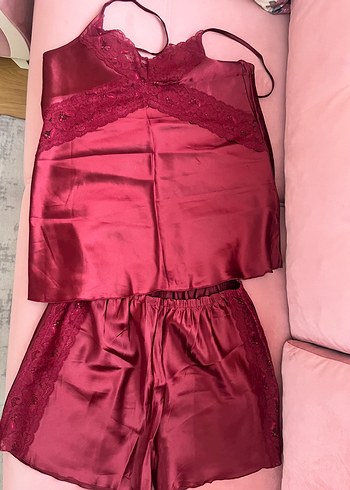 Bordo Parlak Mini Dantelli Kadın Pijama Takımı