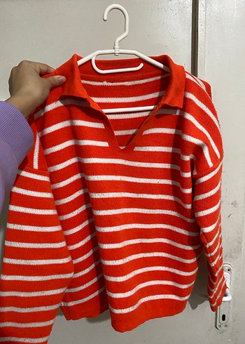 Çizgili Kırmızı Yün Kadın Kazak - Görsel 2