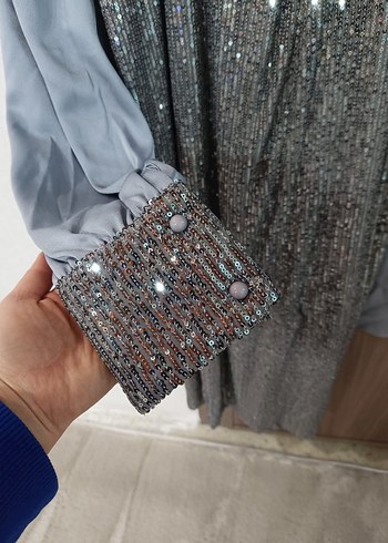 Gri Uzun Kollu Salaş Abiye Elbise - Görsel 4