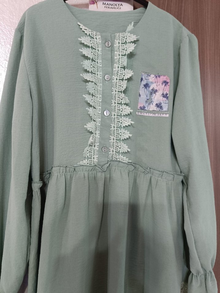 Yeşil Nakışlı Hamile Bluzu, Uzun Kollu, Salaş - Görsel 3