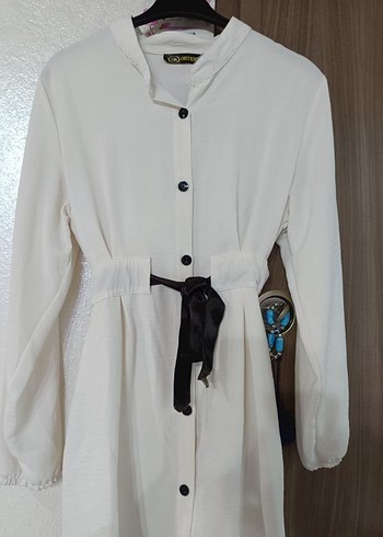 Düğmeli Beyaz Midi Pamuk Tunik - Görsel 2