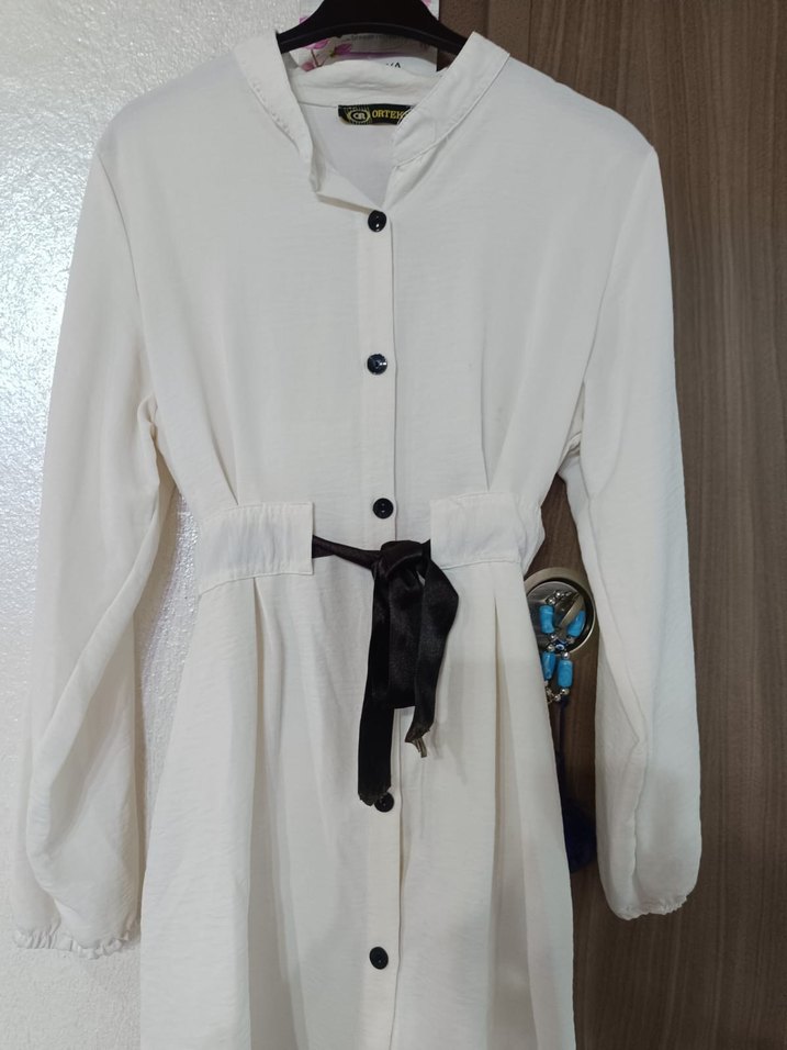 Düğmeli Beyaz Midi Pamuk Tunik - Görsel 2