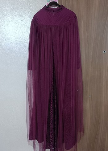 Bordo Dantel İşlemeli Uzun Kollu Abiye Elbise - Görsel 4