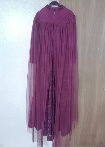 Bordo Dantel İşlemeli Uzun Kollu Abiye Elbise - Görsel 2