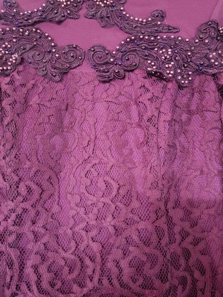 Bordo Dantel İşlemeli Uzun Kollu Abiye Elbise - Görsel 3