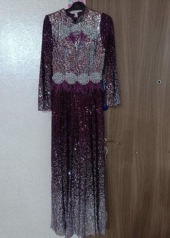Mor Payetli Uzun Kollu Abiye Elbise - Görsel 4