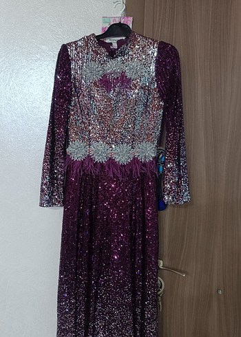 Mor Payetli Uzun Kollu Abiye Elbise - Görsel 2