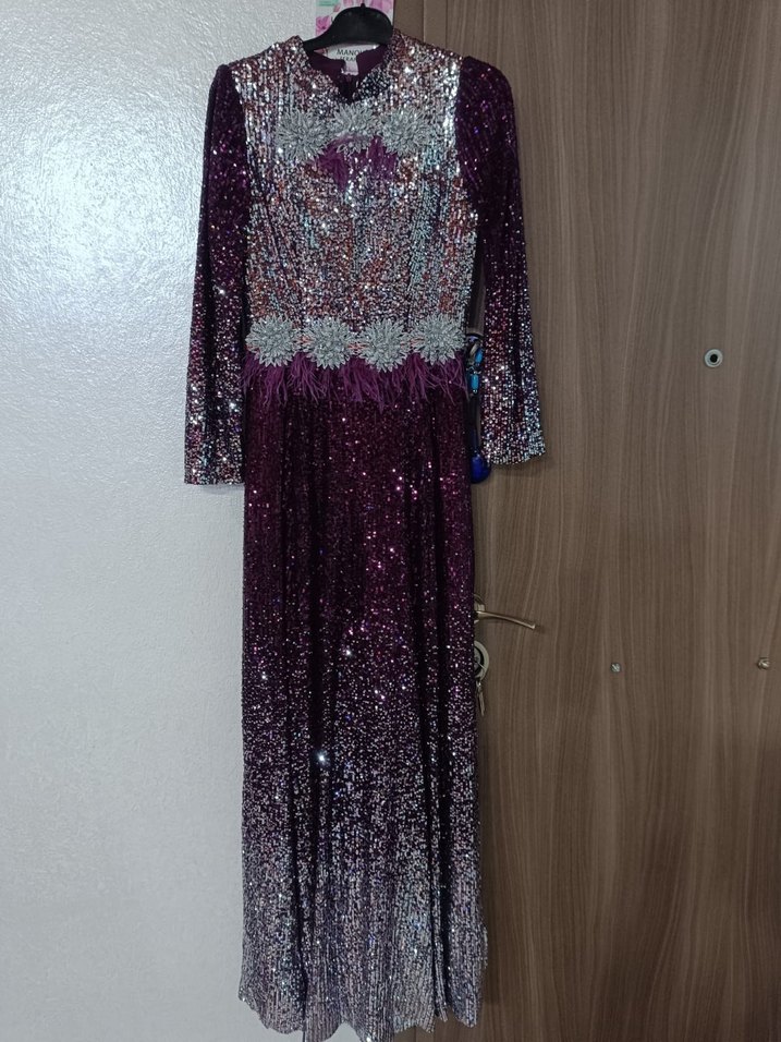 Mor Payetli Uzun Kollu Abiye Elbise - Görsel 4