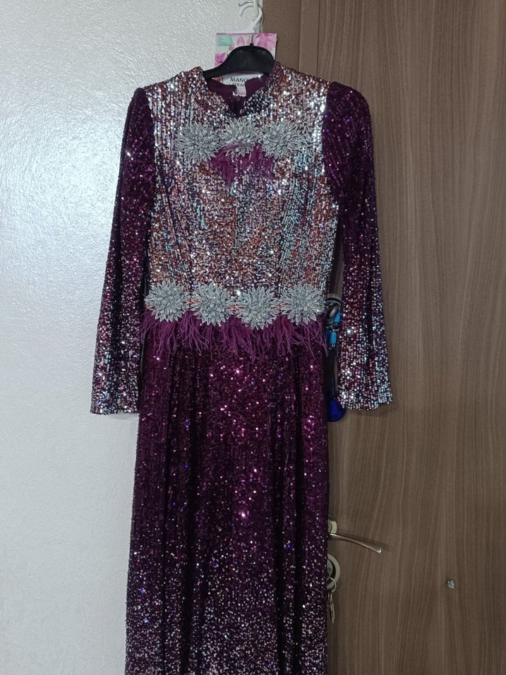 Mor Payetli Uzun Kollu Abiye Elbise - Görsel 2