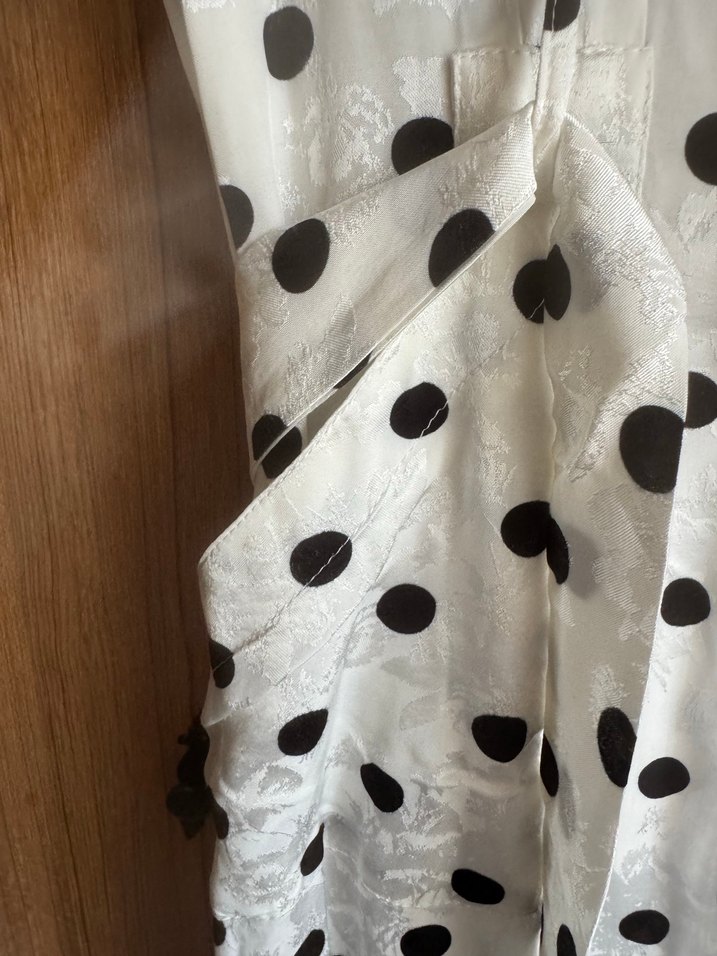 V Yaka Puantiyeli Uzun Saten  Elbise - Görsel 4