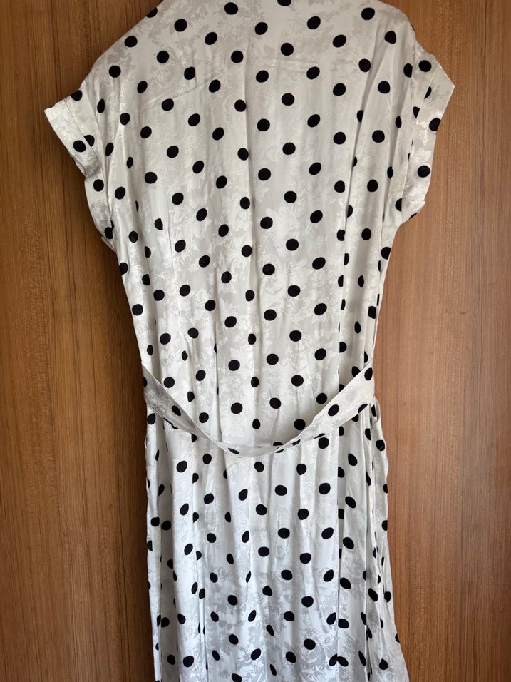 V Yaka Puantiyeli Uzun Saten  Elbise - Görsel 2