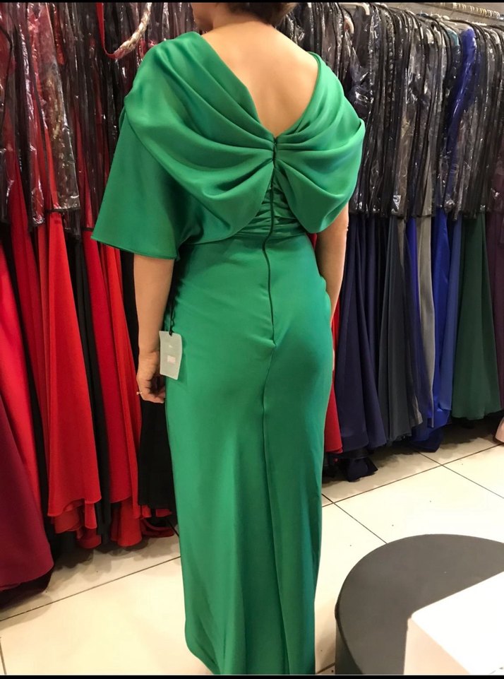 Parlak Yeşil Drapeli Uzun Kadın Abiye Elbise - Görsel 2