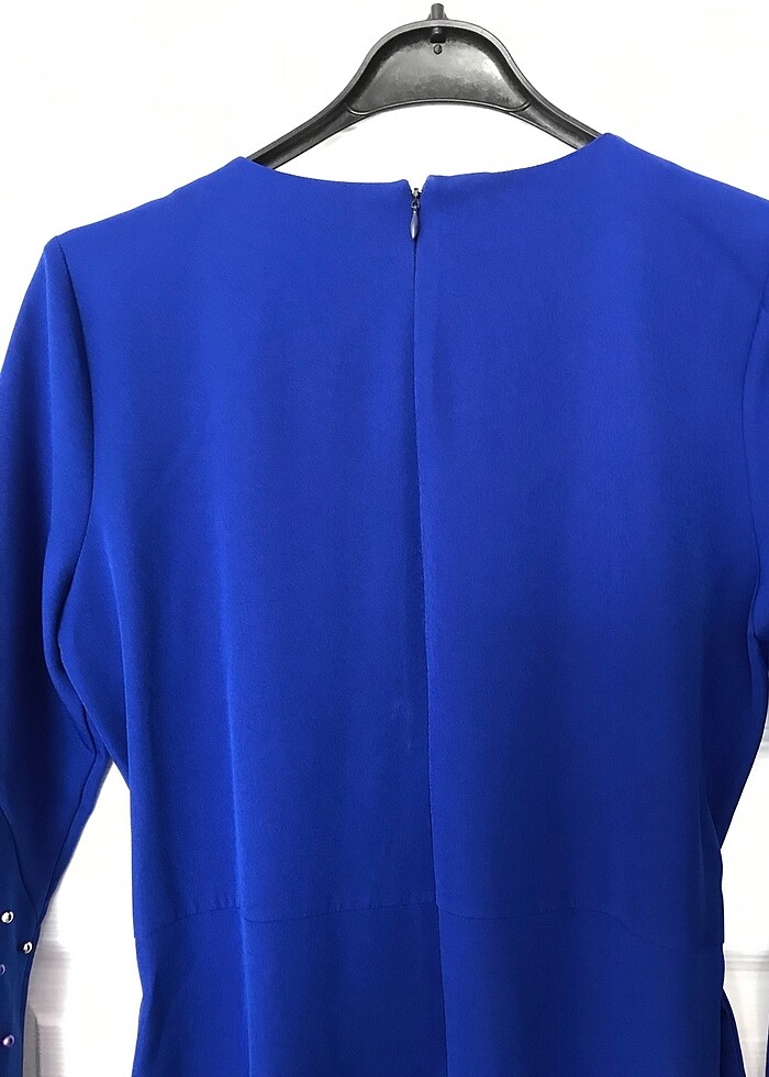 Sax mavisi krep kumaş uzun elbise - Görsel 3