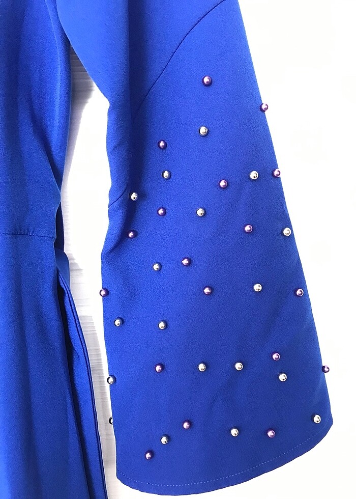 Sax mavisi krep kumaş uzun elbise - Görsel 4