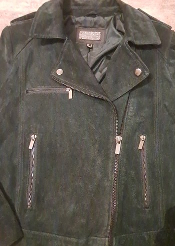 Haki Rengi Süet Biker Deri Ceket - Görsel 2