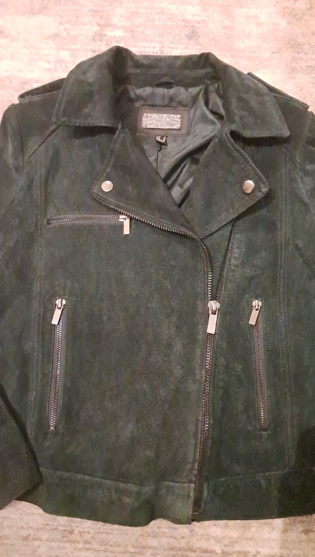 Haki Rengi Süet Biker Deri Ceket - Görsel 2