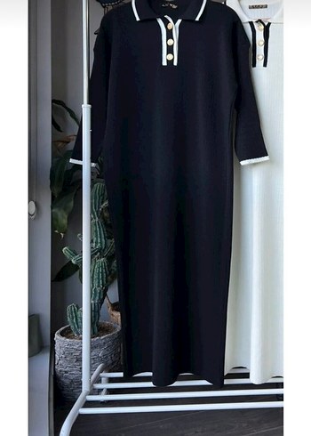 Düğmeli Polo Yaka Siyah Uzun Kollu Kadın Elbise - Görsel 2