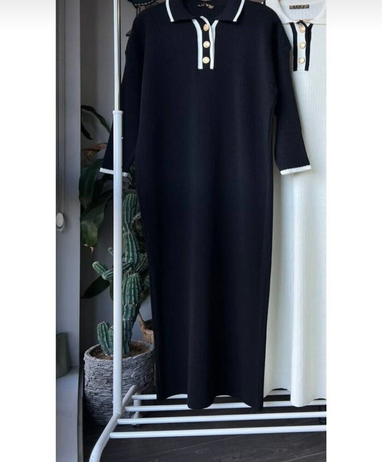 Düğmeli Polo Yaka Siyah Uzun Kollu Kadın Elbise - Görsel 2