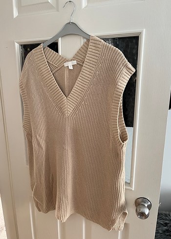 V Yaka Bej Kadın Triko Süveter - Görsel 2