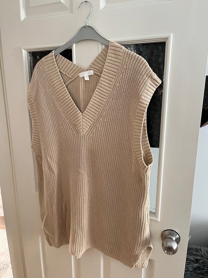 V Yaka Bej Kadın Triko Süveter - Görsel 2