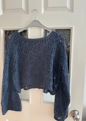 Bohem Stil Örgü Kadın Kazak Mavi - Görsel 3