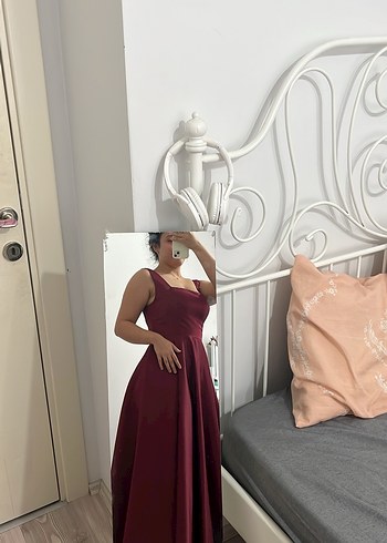 Bordo Drapeli Midi Abiye Elbise