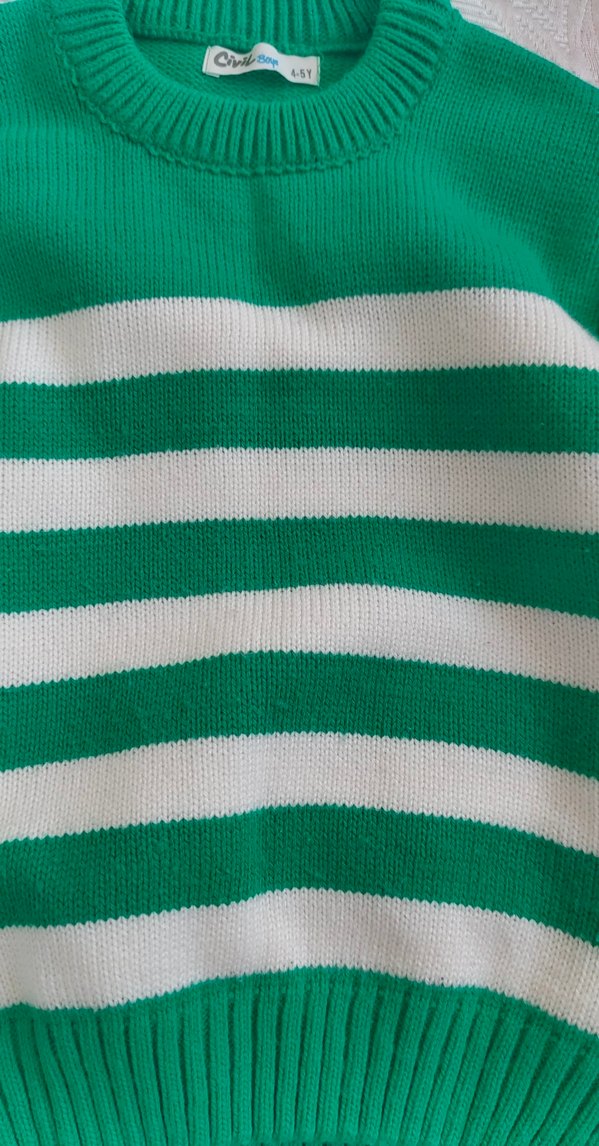 Renkli Çizgili Yeşil Triko Kadın Kazak - Görsel 3