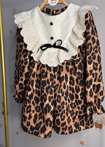 7 Yaş Beden Leopar Desenli Fırfırlı Kız Elbise