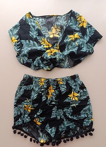 Tropik desenli viskon plaj alt/üst takim - Görsel 4